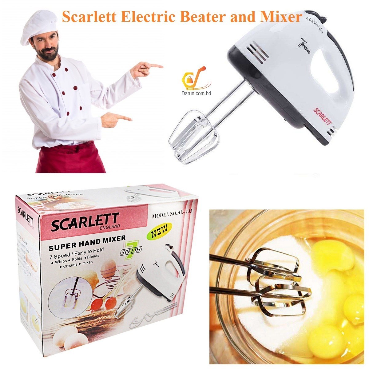 Scarlett ইলেকট্রিক এগ বিটার ও মিক্সার - কেক, ক্রিম ও বিভিন্ন রান্নার জন্য